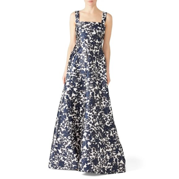 Monique Lhuillier Blue Floral Printed Back Bow Formal Gown Sleeveless Size 4 - Picture 1 of 7